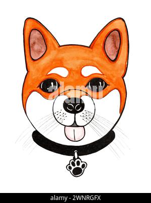 Porträt eines Hundes. Shiba Inu Rasse. Stilisierte Illustration isoliert auf weißem Hintergrund. Aquarell und schwarze Umrandung. Orange. Sieht vorne aus. Pr Stockfoto
