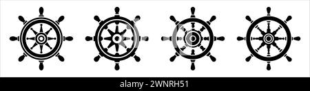 Symbol für das Lenkrad des Schiffes. Satz von Schiffsrädern. Lenkradsymbole. Symbol am Lenkrad des Boots in flacher Form. Vektorabbildung. Stock Vektor