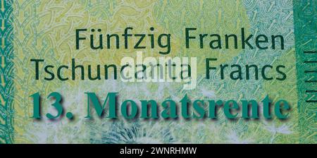 50 Franken und 13. Monatsrente 50 Franken und 13. Monatsrente, 03.03.2024, Borkwalde, Brandenburg, auf einem Schweizer Geldschein befindet sich der Schriftzug 13. Monatsrente. *** 50 Franken und 13 Monate Rente 50 Franken und 13 Monate Rente, 03 03 2024, Borkwalde, Brandenburg, Eine Schweizer Banknote trägt die Inschrift 13 Monate Rente Stockfoto