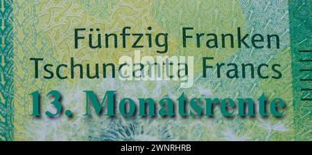 50 Franken und 13. Monatsrente 50 Franken und 13. Monatsrente, 03.03.2024, Borkwalde, Brandenburg, auf einem Schweizer Geldschein befindet sich der Schriftzug 13. Monatsrente. *** 50 Franken und 13 Monate Rente 50 Franken und 13 Monate Rente, 03 03 2024, Borkwalde, Brandenburg, Eine Schweizer Banknote trägt die Inschrift 13 Monate Rente Stockfoto