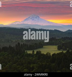 Ein quadratisches 1:1 Foto von einem herrlichen Sonnenaufgang mit Blick in Richtung Mount Hood, einem Stratovulkan im US-amerikanischen Nordwesten von Oregon. Stockfoto