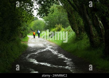 Zwei Rucksacktouristen auf einer unbefestigten Straße Stockfoto