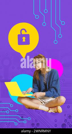 Zeitgenössische Kunstcollage. Netzwerksicherheit bei der Arbeit und zu Hause Junge Frau entsperrt erfolgreich ihren Computer. Stockfoto