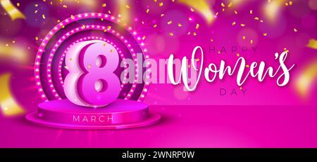 8 März Happy Women's Day Illustration mit Podium und Glühbirnen auf rosa Hintergrund International Woman Day Vector Design für Flyer, Grußkarte Stock Vektor