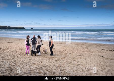 Eine Familie von Urlaubern und ihren Hunden steht am Fistral Beach in Newquay in Cornwall in Großbritannien. Stockfoto