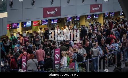 Flughafen Düsseldorf, Nordrhein Westfalen, Deutschland Europa - Impressionen am Flughafen - Warteschlangen am Check-in im Terminal und genervte Urlauber Symbolbild: Gepäckabgabe, Flugsteig, Flugzeug, Abflug, Ankunft, Flugplan, Reisevorbereitung, Flughafenpersonal, Gate, Verspätung, Reisegruppe, Passkontrolle, Zollkontrolle, Gepäckband, Flughafenlounge, Duty-Free-Shop, Sicherheitspersonal, Boarding-Prozess, Flughafenbus, Rolltreppe, Gepäckwagen, Flugreisender, Reisegepäck, Reisepasskontrolle, Flugverspätung, Terminalgebäude, Passagierabfertigung, Flugziel, Flughafenterminal, Anzeigetafel, Reise, Stockfoto