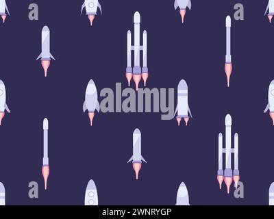 Nahtloses Muster mit Weltraumraketen. Orbitales Trägerfahrzeug. Raumschiff zum Abfeuern von Fracht in die Umlaufbahn. Raumschiffe für Weltraumforschung und Interplan Stock Vektor