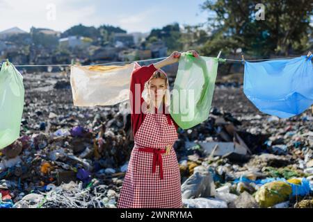 Frau auf Mülldeponie hängte Plastiktüten als Wäsche. Konsum versus plastisches Verschmutzungskonzept. Stockfoto