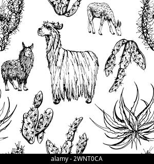 Hand gezeichnete Tinte Vektor Illustration, Natur Wüste Pflanze saftige Kakteen Aloe Agave, Lama Alpaca Wolle Tiere. Nahtloses Muster isoliert auf weiß Stock Vektor