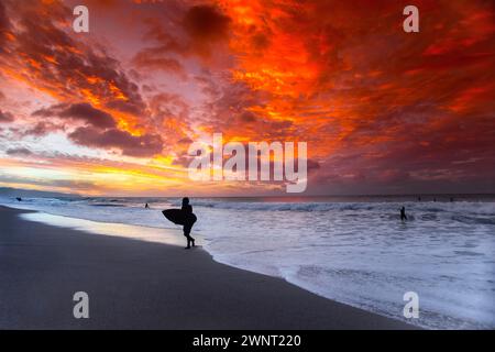 Silhouette eines Surfers mit Surfbrett im Ehukai Beach Park at Sunset, Oahu, Hawaii, USA Stockfoto