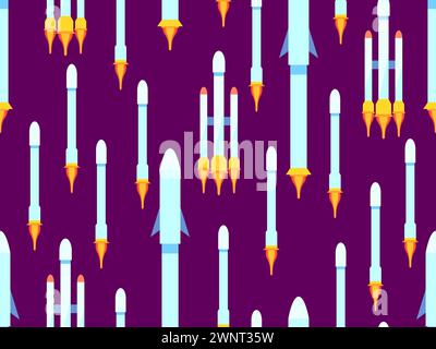 Nahtloses Muster mit Weltraumraketen. Orbitales Trägerfahrzeug. Raumschiff zum Abfeuern von Fracht in die Umlaufbahn. Raumschiffe für Weltraumforschung und Interplan Stock Vektor