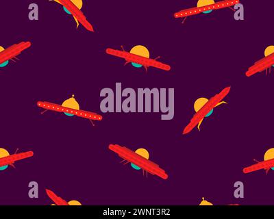 Nahtloses UFO-Muster in flachem Stil. Hintergrund mit außerirdischen Raumschiffen und Raumfliegenden Untertassen. Außerirdische Raumschiffe. Design für Druck, Banner und Werbung Stock Vektor