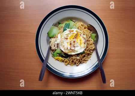 Mie Goreng Telor, traditionelles indonesisches Streetfood, gebratene Nudeln mit Ei mit typischen Gewürzen der javanischen Küche. Stockfoto