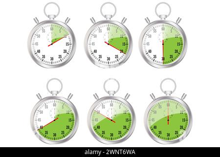 Realistische klassische Stoppuhr. Zeitzähler mit Wahlrad. Chronometer aus glänzendem Metall. Countdown-Timer Minuten und Sekunden. Vektorabbildung. Eps 10. Lager Stock Vektor