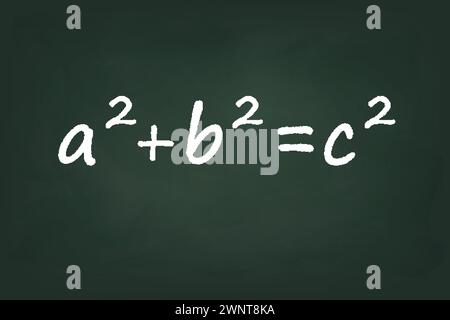 Handgeschriebener pythagoreischer Satz „a^2 + b^2 = c^2“ wird auf einem dunklen Schwarzen Brett angezeigt Stock Vektor