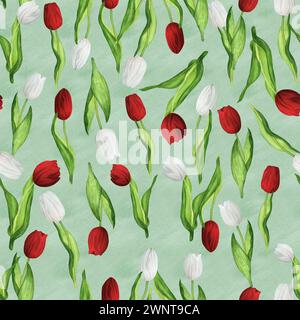 Handgezeichnete Aquarellillustration. Nahtloses Muster mit Blumen - weiße und rote Tulpen. Blumenmuster für Frühling und Sommer. Grüner Hintergrund Stockfoto