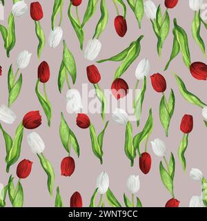 Handgezeichnete Aquarellillustration. Nahtloses Muster mit Blumen - weiße und rote Tulpen. Blumenmuster für Frühling und Sommer. Beigefarbener Hintergrund Stockfoto