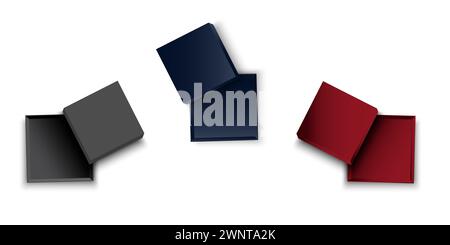 Schwarzes, rotes Draufsichtsfeld. Leere Cube Packages. Quadratische Boxen mit offener Kappe in dunkler Verpackung. Vektorabbildung. Rohbild. EPS 10. Stock Vektor