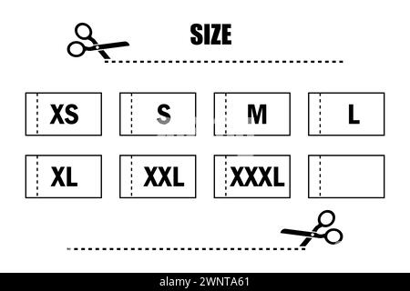 Etiketten für Bekleidungsgrößen. Symbole für Kleidungsgrößen. SYMBOLE XS, S, M, L, XL, XXL. Vektorabbildung. Eps 10. Rohbild. Stock Vektor