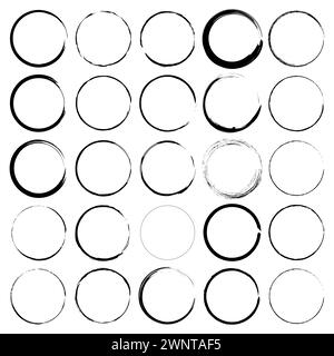 Schwarz-weiße Kreise bilden eine dynamische Textur. Pinselstriche zum Schleifen sorgen für mehr Bewegung. Elegantes, modernes Design für verschiedene Projekte. Vektorillustratio Stock Vektor