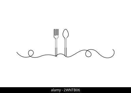 Durchgehende Zeichnung von Gabel und Löffel mit einer Linie. Restaurant-Logo. Vektorabbildung. EPS 10. Rohbild. Stock Vektor