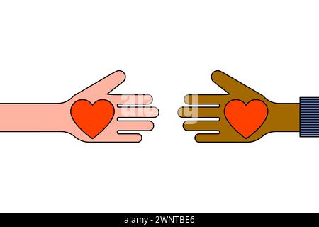 Schwarze und weiße menschliche Hände zusammen. Handshake-Symbol für internationale Geschäftsleute. Zwei Hände mit Herzen. Vektorabbildung. EPS 10. Rohbild. Stock Vektor