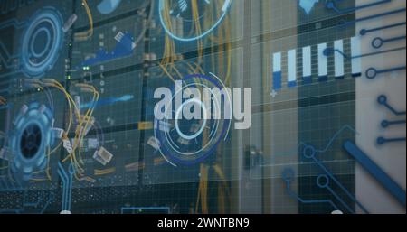 Bild von Statistik und Datenverarbeitung auf grauem Hintergrund Stockfoto