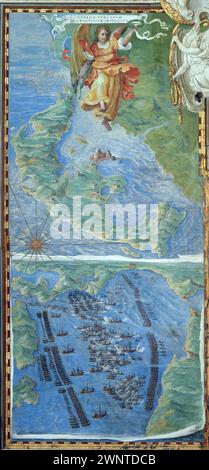 Antike Weltkarten HQ – Insel Korfu und Schlacht von Lepanto 1583, 298 x 144 – Marineeinsatz, der am 7. Oktober 1571 stattfand, als eine Flotte der Heiligen Liga, einer Koalition katholischer staaten, die von Papst Pius V. angeordnet wurde, der Flotte des Osmanischen Reiches im Golf von Patras eine schwere Niederlage zufügte. Stockfoto