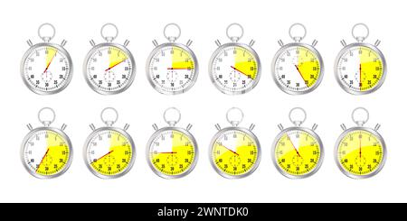 Realistische klassische Stoppuhr. Zeitzähler mit Wahlrad. Chronometer aus glänzendem Metall. Countdown-Timer Minuten und Sekunden. Vektorabbildung. Eps 10. Lager Stock Vektor