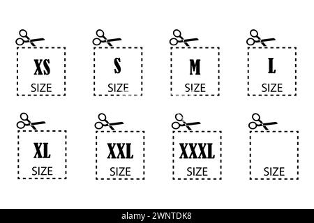 Etiketten für Bekleidungsgrößen. Symbole für Kleidungsgrößen. SYMBOLE XS, S, M, L, XL, XXL. Vektorabbildung. Eps 10. Rohbild. Stock Vektor