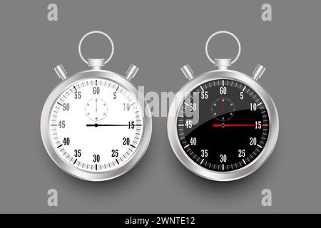 Realistische klassische Stoppuhr. Zeitzähler mit Wahlrad. Chronometer aus glänzendem Metall. Countdown-Timer Minuten und Sekunden. Vektorabbildung. Eps 10. Lager Stock Vektor