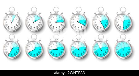 Realistische klassische Stoppuhr. Zeitzähler mit Wahlrad. Chronometer aus glänzendem Metall. Countdown-Timer Minuten und Sekunden. Vektorabbildung. Eps 10. Lager Stock Vektor