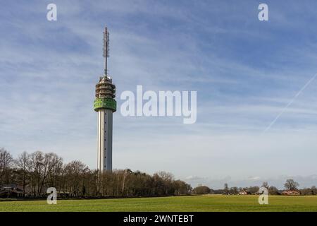 Ein Telekommunikationsturm (Zendmast Markelo, das höchste Gebäude in Overijssel) mit Antennen und Schüsseln vor einem klaren blauen Himmel, umgeben von Bäumen. Stockfoto