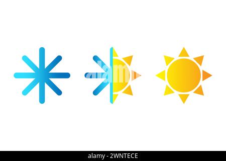 Heiß und kalt Symbol für Sonne und Schneeflocke. Schild Klimaregelung. Visualisierung des Temperaturindex. Differenz, Klimawandel, Thermometersymbol. Vecto Stock Vektor