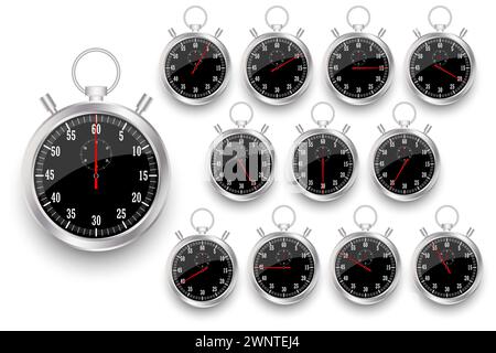 Realistische klassische Stoppuhr. Zeitzähler mit Wahlrad. Chronometer aus glänzendem Metall. Countdown-Timer Minuten und Sekunden. Vektorabbildung. Eps 10. Lager Stock Vektor