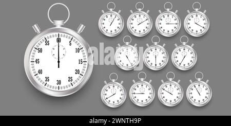 Realistische klassische Stoppuhr. Zeitzähler mit Wahlrad. Chronometer aus glänzendem Metall. Countdown-Timer Minuten und Sekunden. Vektorabbildung. Eps 10. Lager Stock Vektor