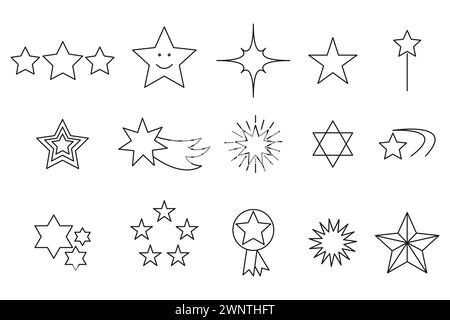 Sternförmige Websymbole im Linienstil. Bewertung, Feuerwerk, Medaille, Auszeichnung. Vektorabbildung. EPS 10. Rohbild. Stock Vektor