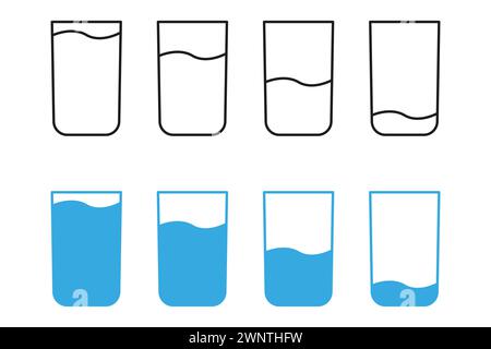Symbolsatz Wasserglas. Symbol für große Milchgetränk-Glaslinie. Vektorabbildung. EPS 10. Rohbild. Stock Vektor