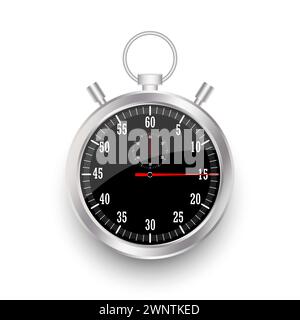 Realistische klassische Stoppuhr. Zeitzähler mit Wahlrad. Chronometer aus glänzendem Metall. Countdown-Timer Minuten und Sekunden. Vektorabbildung. Eps 10. Lager Stock Vektor