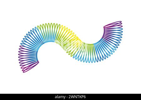 Regenbogenspirale Federspielzeug. Farbiges Kinderspielzeug aus Kunststoff. Kinder zaubern einen verführerischen Frühling. Vektorabbildung. EPS 10. Rohbild. Stock Vektor