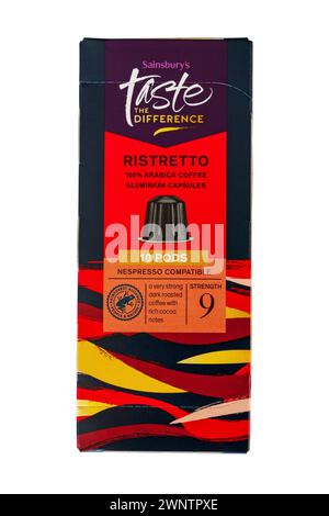 Schachtel Sainsburys Taste the Difference Ristretto 100 % arabica-Kaffee-Aluminium-Kapseln isoliert auf weißem Hintergrund Stockfoto