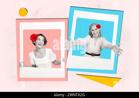 Foto Collage Artwork minimales Bild eines aufgeregten selbstbewussten Mannes, der mit der Faust fliegt Pfeil, isolierter kreativer Hintergrund Stockfoto