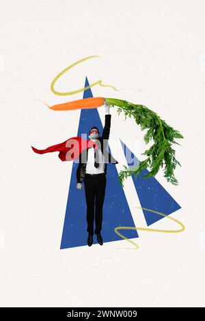 Vertikale kreative Composite Artwork Foto Collage von Mann Hold Karotte hat Superkräfte von vegeterischer Ernährung isoliert auf gemalten Hintergrund Stockfoto