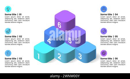 Infografik-Vorlage mit Symbolen und 6 Optionen oder Schritten. Pyramide. Kann für Workflow-Layout, Diagramm, Banner, webdesign verwendet werden. Vektorgrafik Stock Vektor