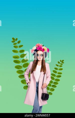 Kunstwerk kreative Collage Banner von stilvollen Mädchen reichen Shopaholic mit 3D-Geld, die Einkaufstaschen kaufen Stockfoto