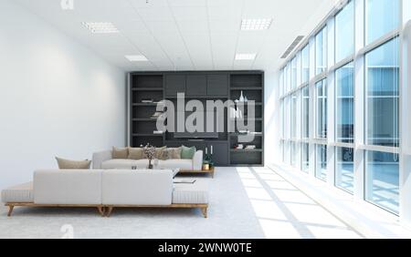 Ein Wohnzimmer mit einer weißen Couch und zwei weißen Stühlen Stockfoto