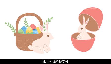Osterhasen mit Korb und Eiern. Kaninchen isoliert auf weißem Hintergrund. Illustration der Vektorabwicklung. Stock Vektor
