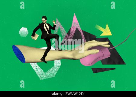 Kreatives Zeichnen Collage Bild von Hand Click Maus Computer Arbeitsplatz Manager Arbeitsbereich seltsamer Freak bizarr ungewöhnlich Stockfoto