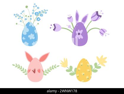 Vier Ostereier mit Blumen und Hasenohren isoliert auf weißem Hintergrund. Niedliche Weihnachtssymbole. Illustration der Vektorabwicklung. Stock Vektor