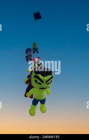 20. Januar Abudhabitische VAE. Wunderschöne und verschiedene Arten von Kites vom Kite Festival in Abudhabi Stockfoto